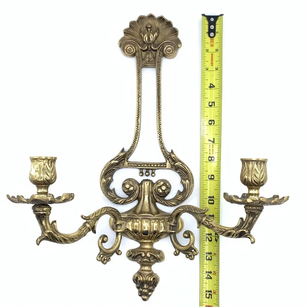 VTG Solid Brass Wall Sconce Double Arm Candle Holder Classic French Deco Style - Picture 9 of 11